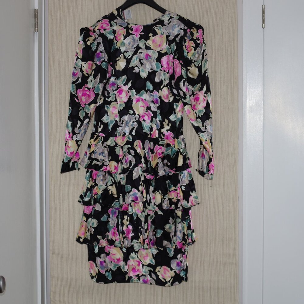 Vintage 80s Maggy London Black Floral Tiered Ruffle Silk Dress Size: 4